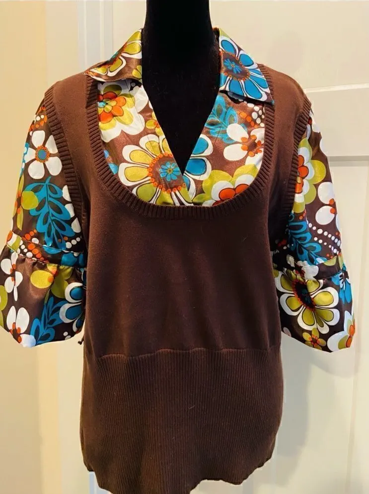 Requirements Brown Floral Women's 3/4 Sleeve Sweater Large GUC Worn Once - Image 1