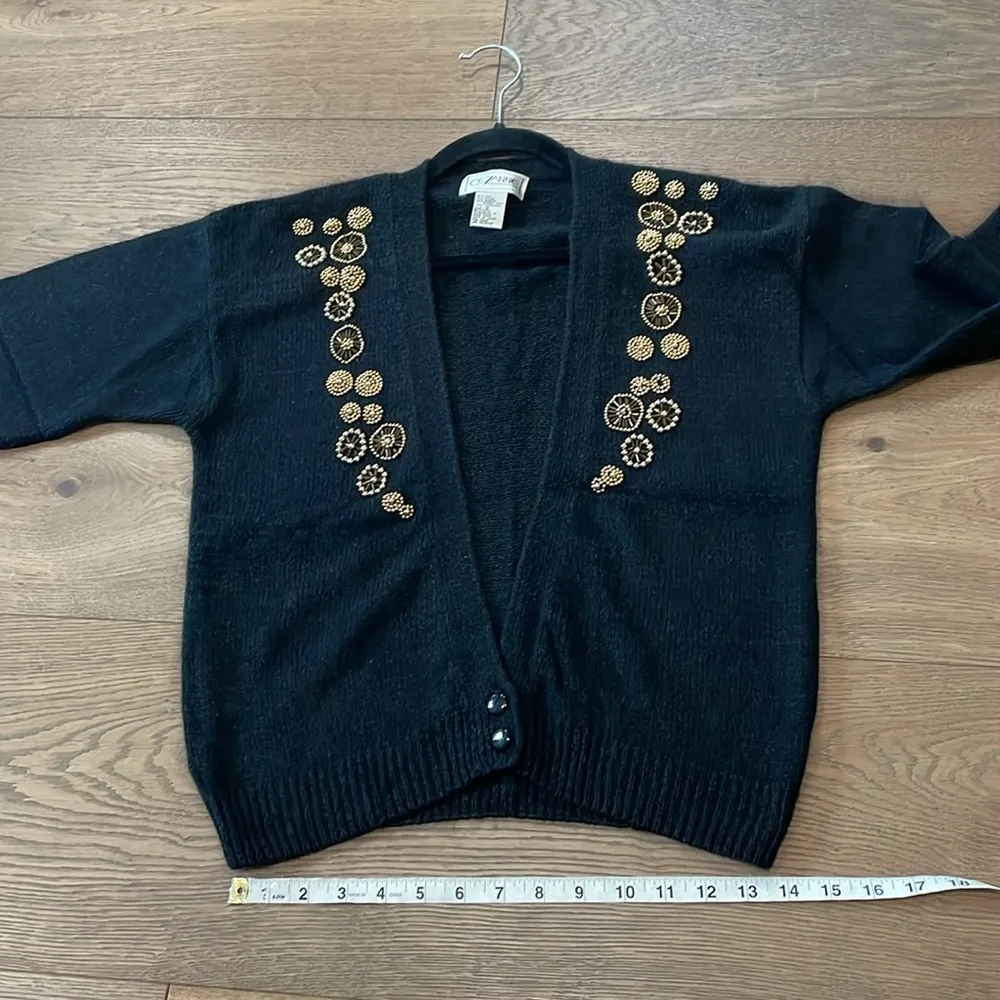 Cezanne Vintage Black Cardigan Silk Angora Sweater Gold Beaded Fuzzy Size Small - Image 11