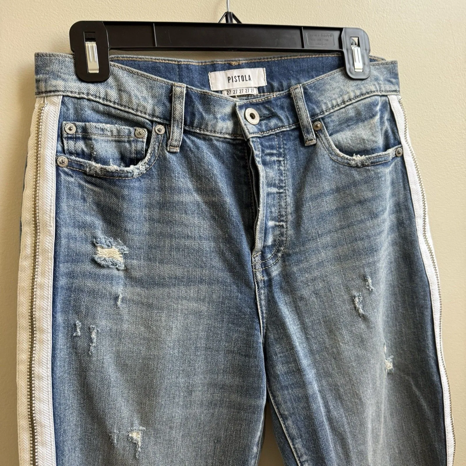 Pistola Charlie Jeans  Blue Distressed Straight Leg Side Leg Zipper Size 27 - Image 4