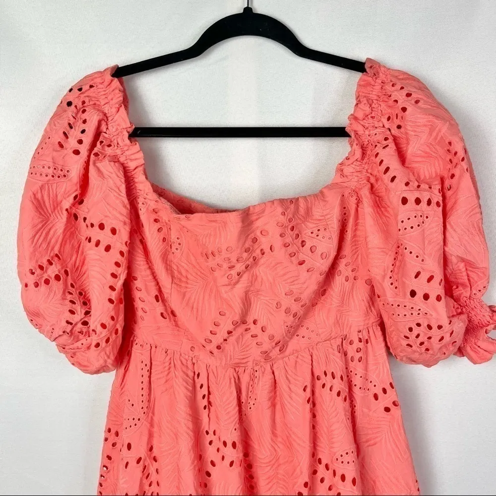 Waimari Belmond Coral Pink Puff Sleeve Eyelet Lace Peasant Maxi Dress M Size M - Image 8
