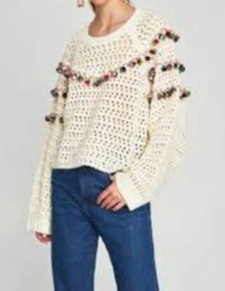 Zara Knit Chunky Pom Pom Oversized Jumper Sweater Size Small Cream - Image 12