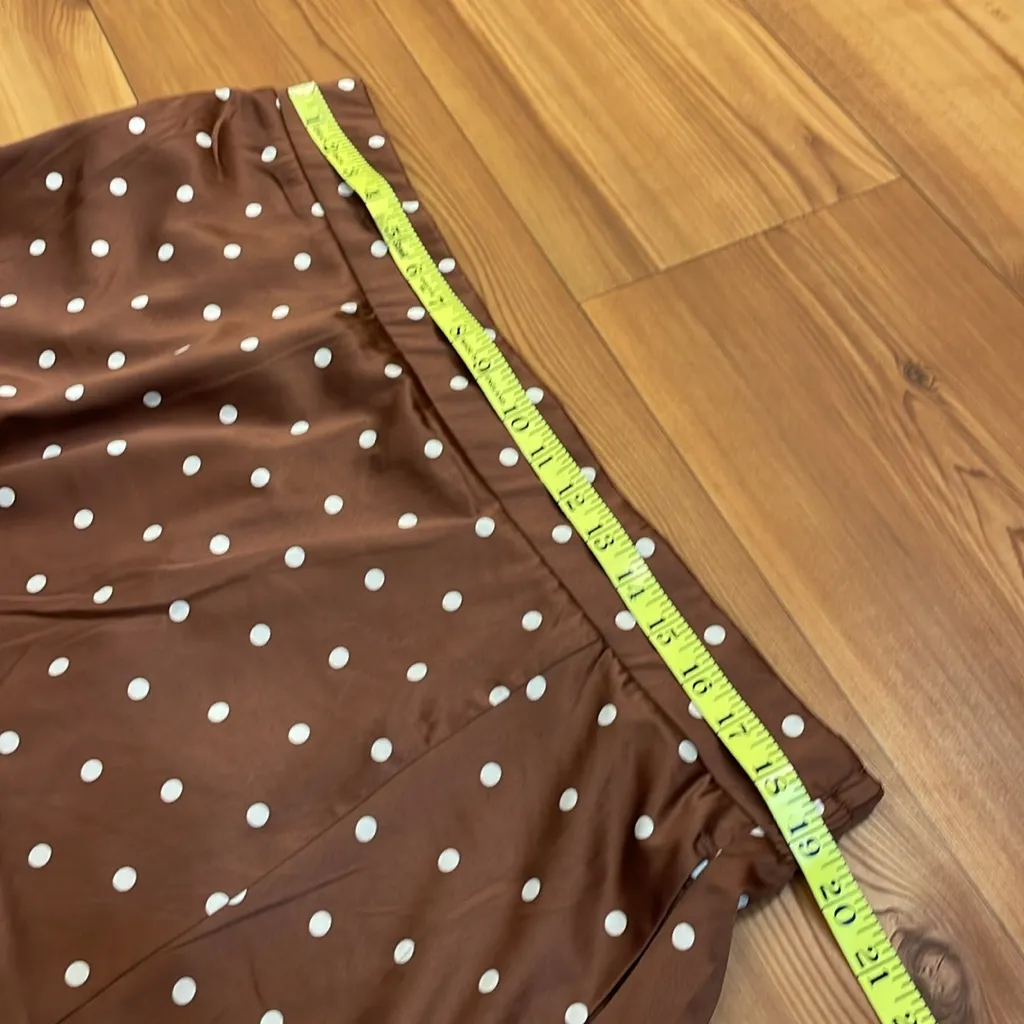 Torrid Midi Stretch Satin Hi-Low Ruffle Skirt Brown White Polka Dot Pockets New - Image 10