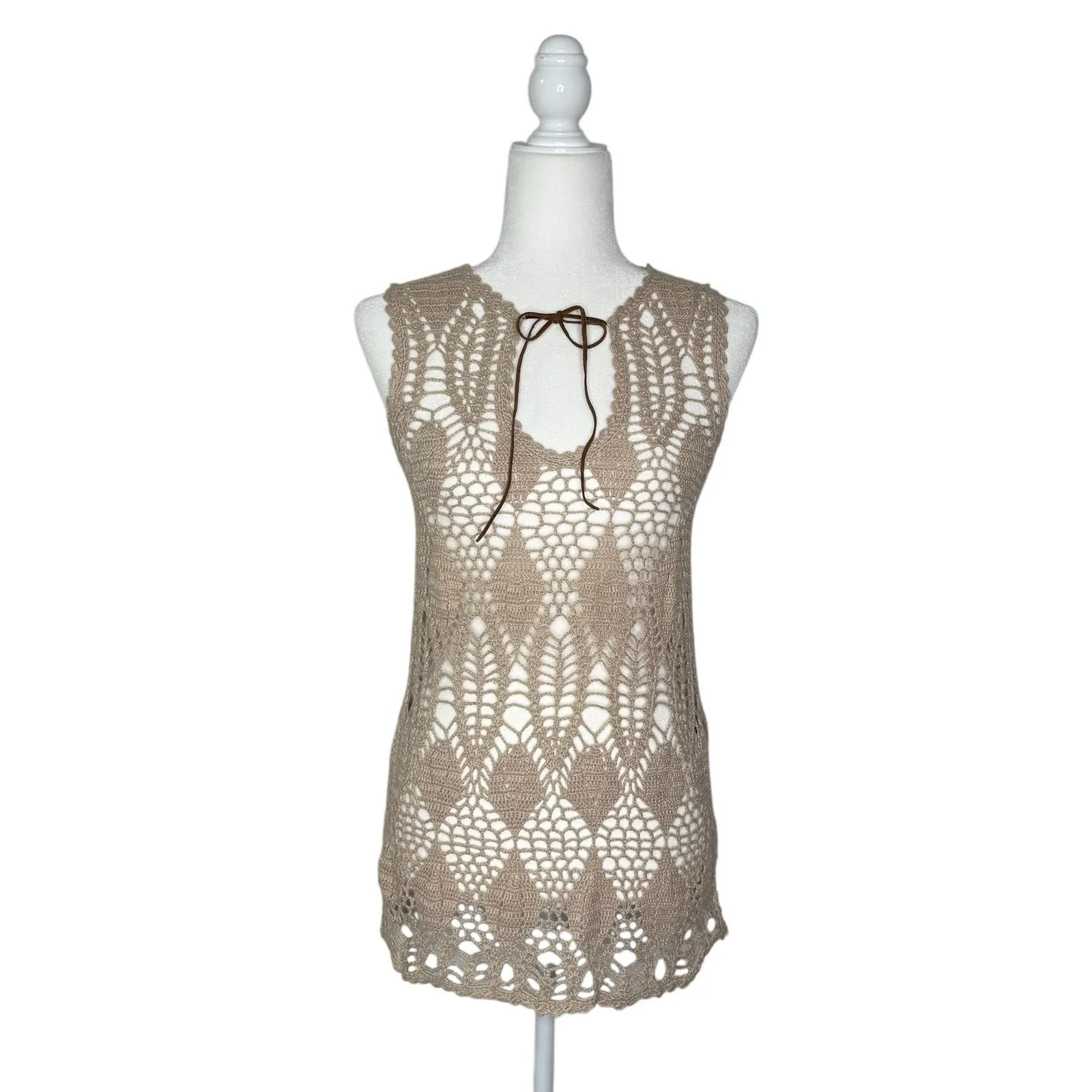 Y2K Vintage‎ Wet Seal Tank Top L Boho Crochet Bow Tie Tunic Beachy Cover Shirt - Image 7