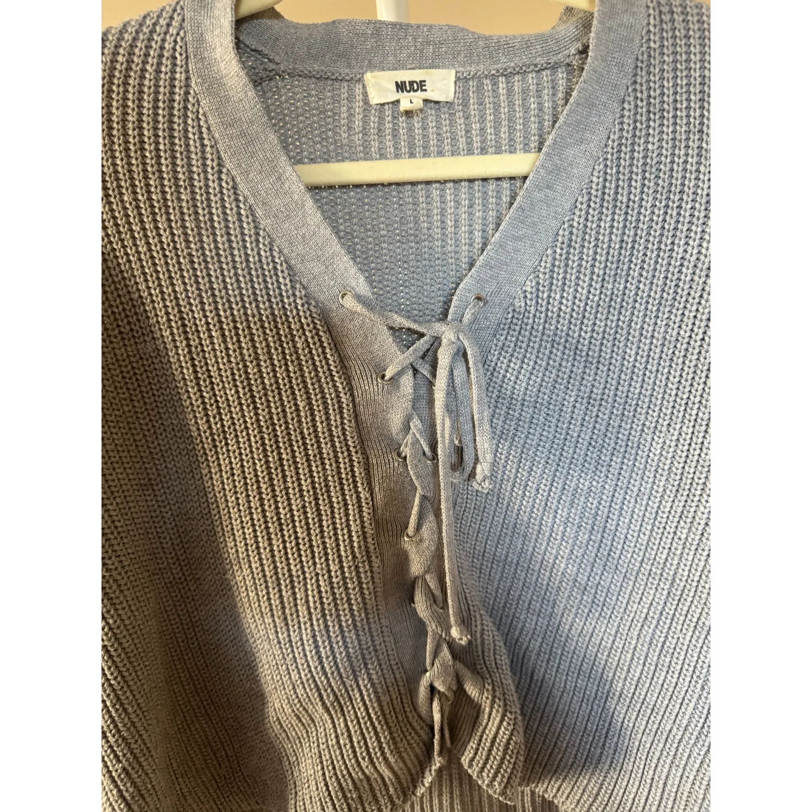 Nude Grey Lace Up Front Ribbed Cropped Sweater Cozy Relaxed Fit Knit - Image 3