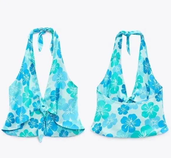 Zara Floral PRINT SATIN EFFECT Halter Cropped Top w/Ties @ Neck & Front Blue New - Image 2