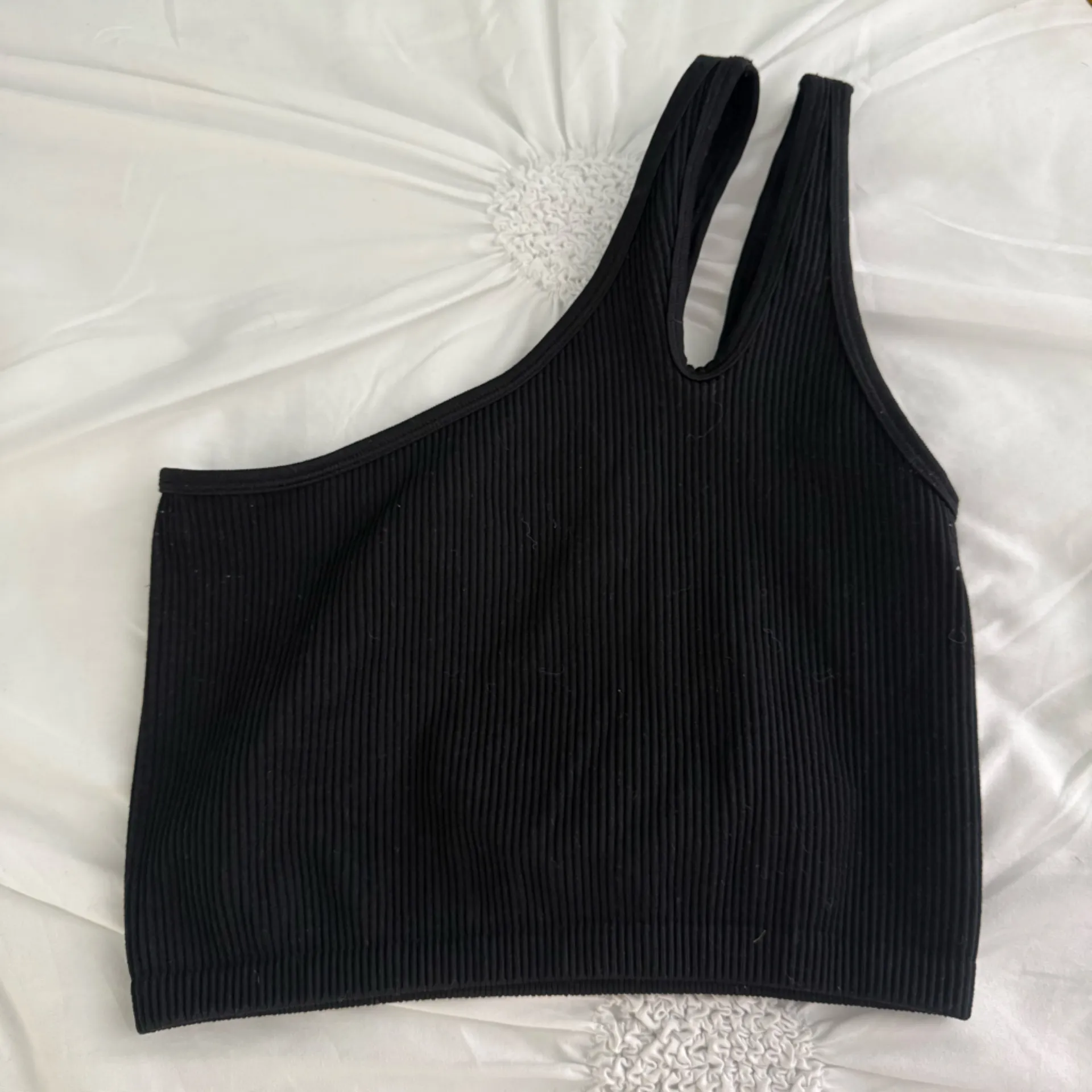 Aerie Black Ribbed One Shoulder Cropped Tank - Image 3