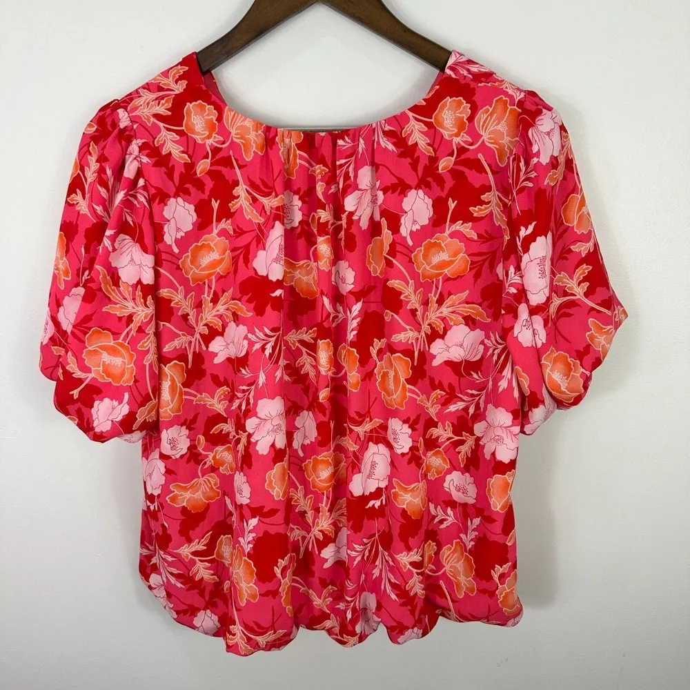 Pleione Blouse‎ Women L Pink Floral V-Neck Puff Sleeve Boho Coquette Romantic - Image 6
