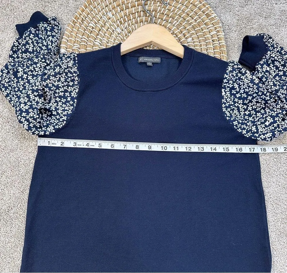 Adrianna Papell Sweater Blouse 3/4 Balloon Sleeve Floral Ruffle Neck in Navy S - Image 10