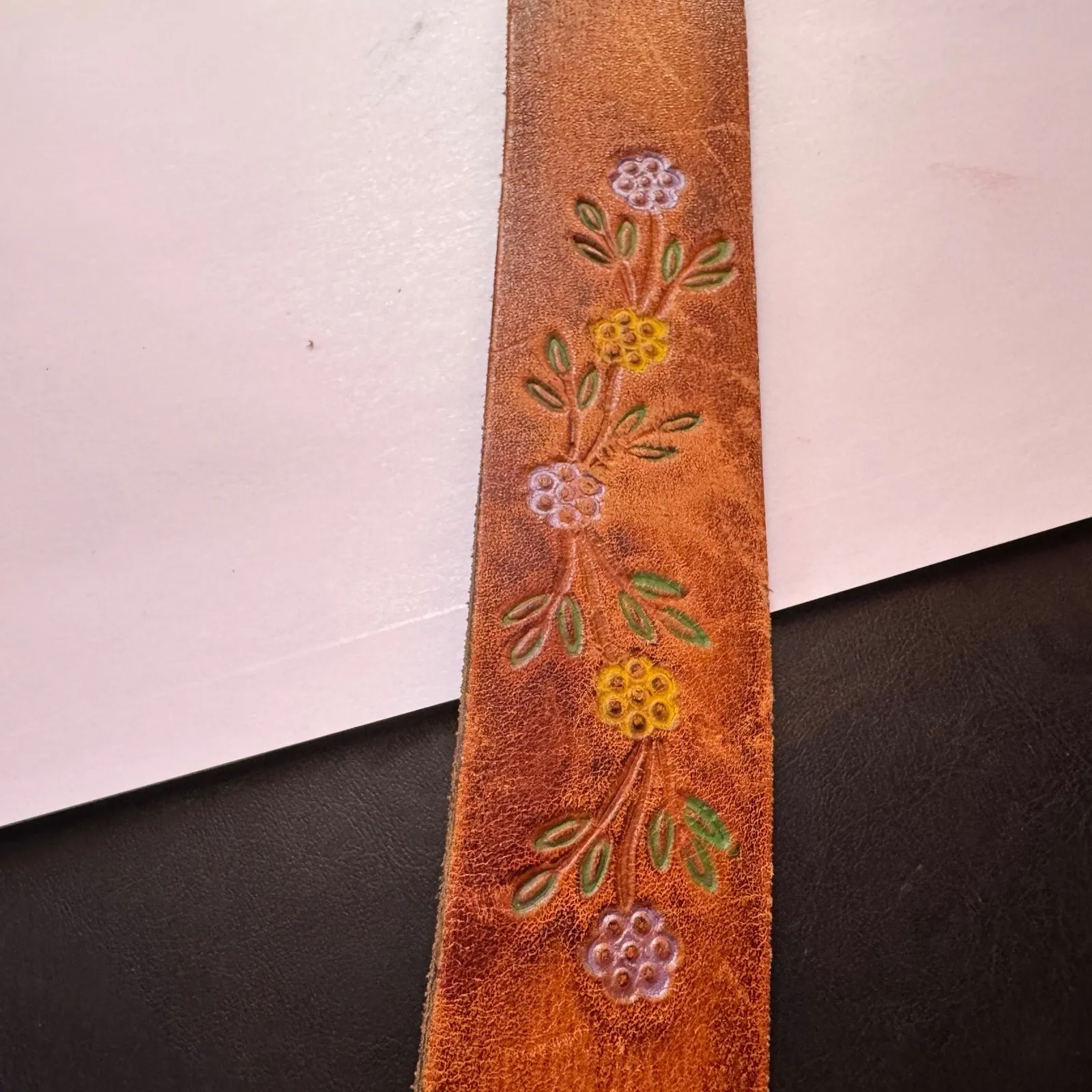 70s Vtg sz 34 Painted Mushroom Butterfly Floral Tooled Leather Belt W/Zee Buckle Brown - Image 8