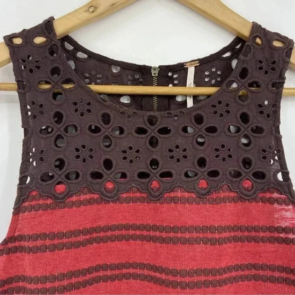 Free People Retro Molly Peplum Tank Top Eyelet Lace Red Brown Striped Size S - Image 3