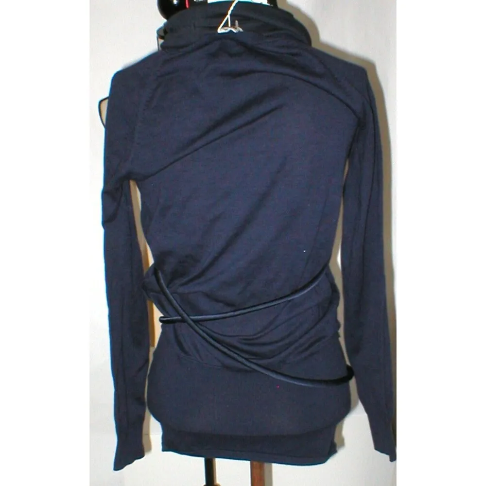 NWT New Womens Designer Acne Blouse Top XS Jersey Navy Blue Belt LS Dark Cotton - Image 4