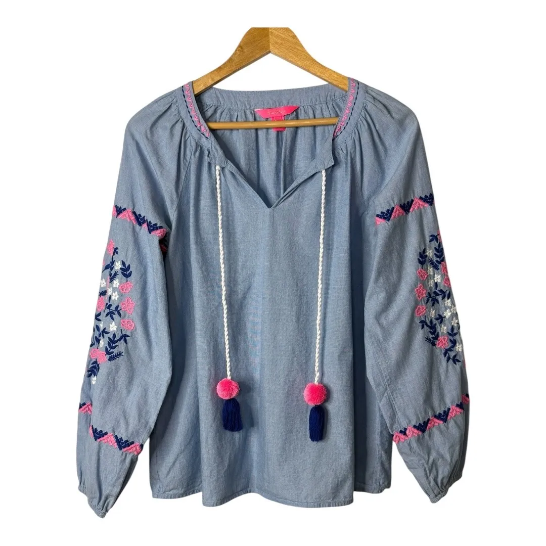 Lilly Pulitzer Keela Embroidered Tassel Top Blouse‎ Long Sleeve Boho Size Small - Image 4