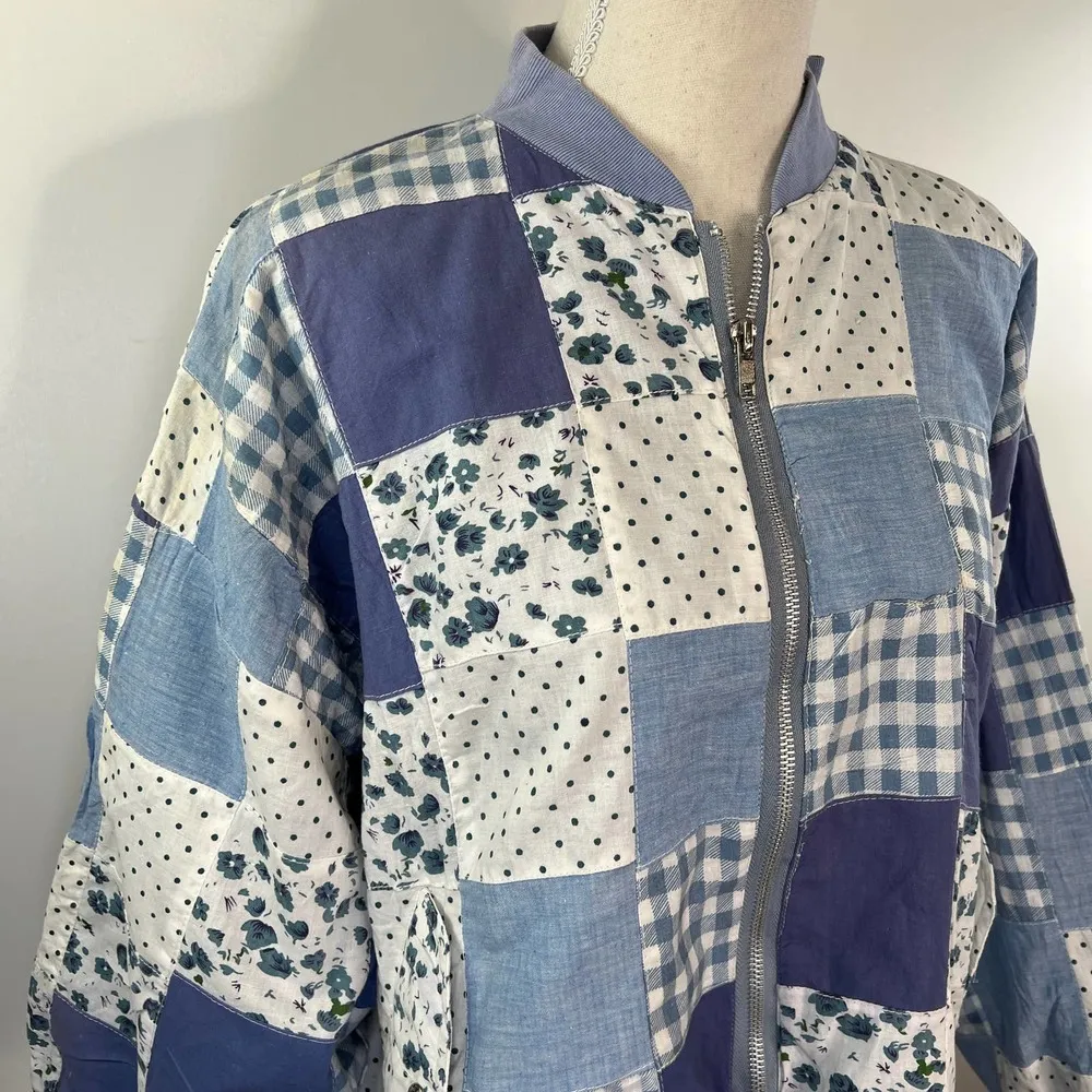 Patchwork Bomber Jacket by Tangibles Blue Cotton Florals Gingham Size M - Image 2