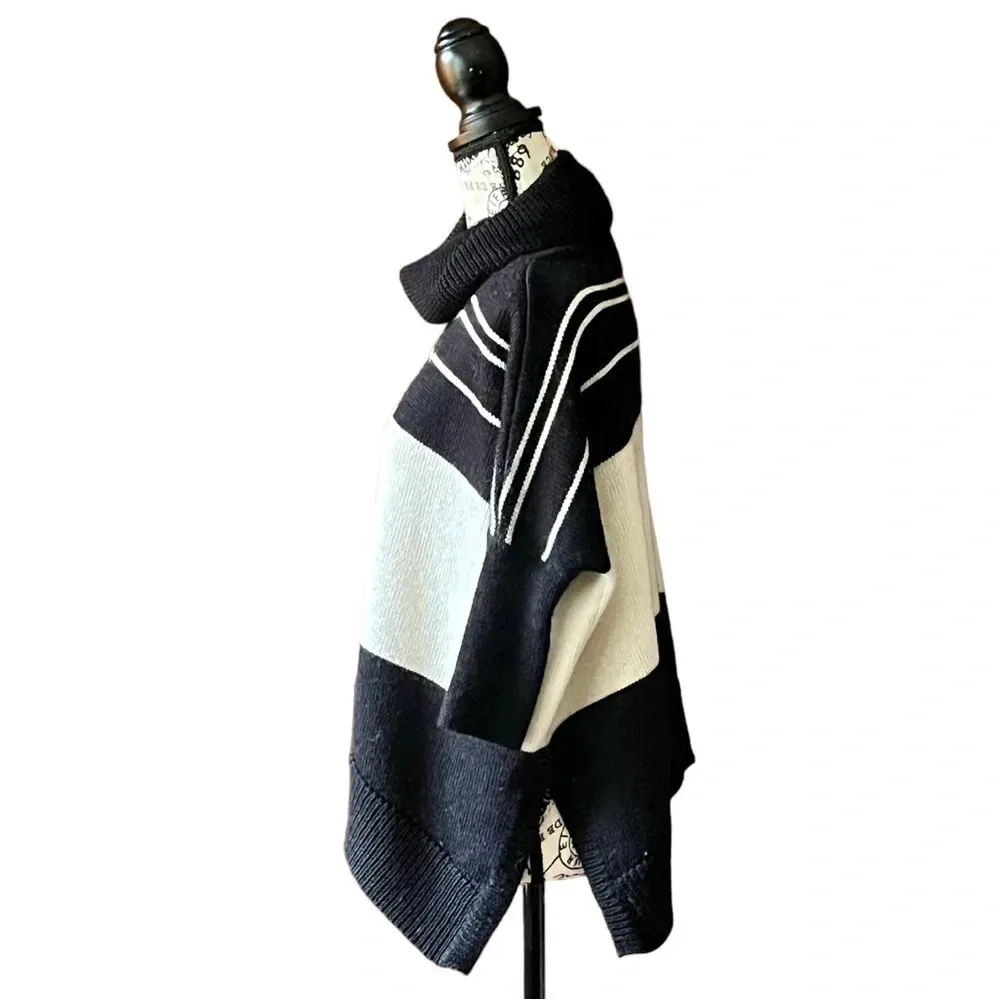 Aqua Black White Striped Poncho Sweater XS | Nautical Preppy Coastal Boho Cowl - Image 4