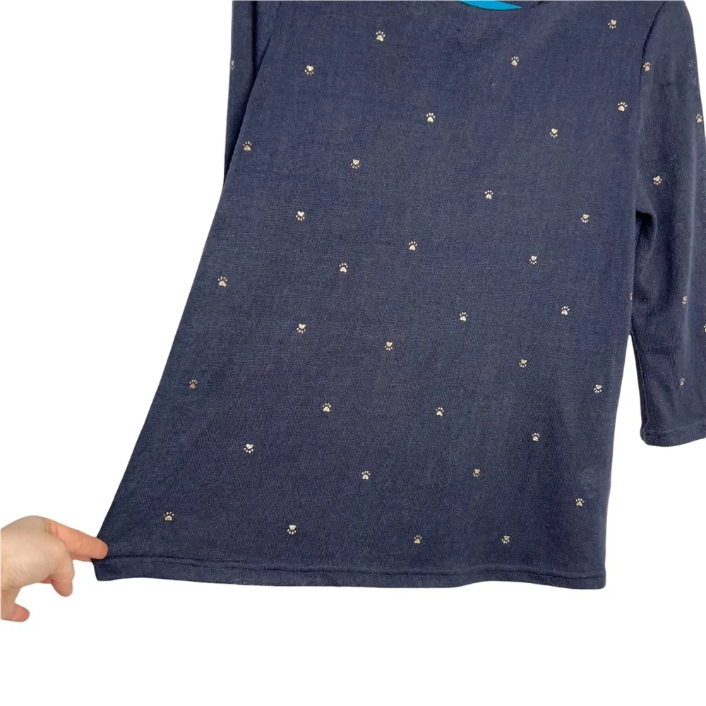 Grace & Mila Navy Blue Gold Glitter Paw Print Button Back Woven Blouse Size L - Image 6