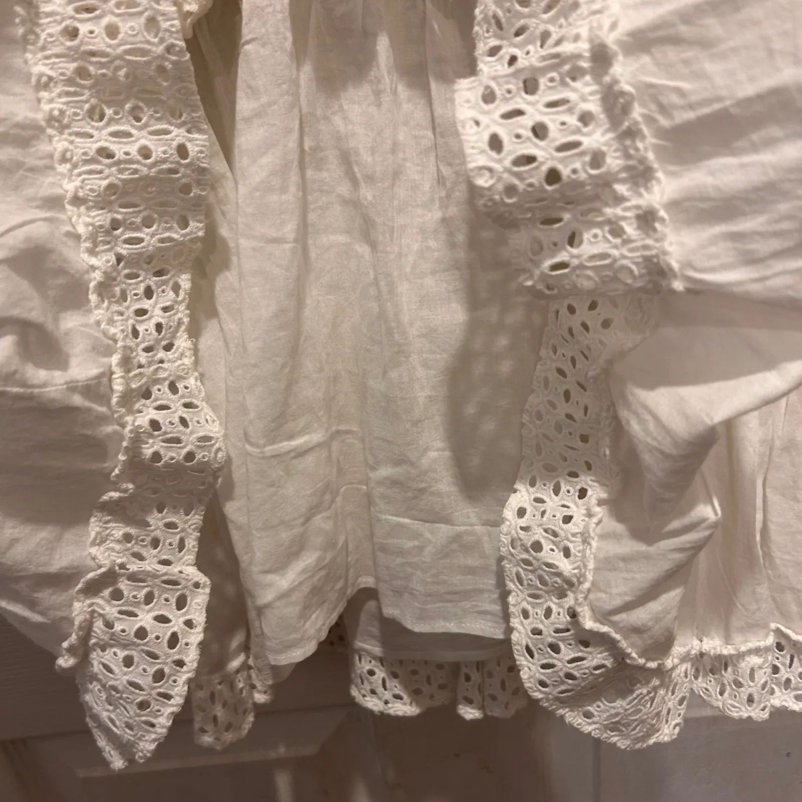 MISA Los Angeles Sarika White Eyelet Ruffle Mini Dress Smocked Waist Medium - Image 6