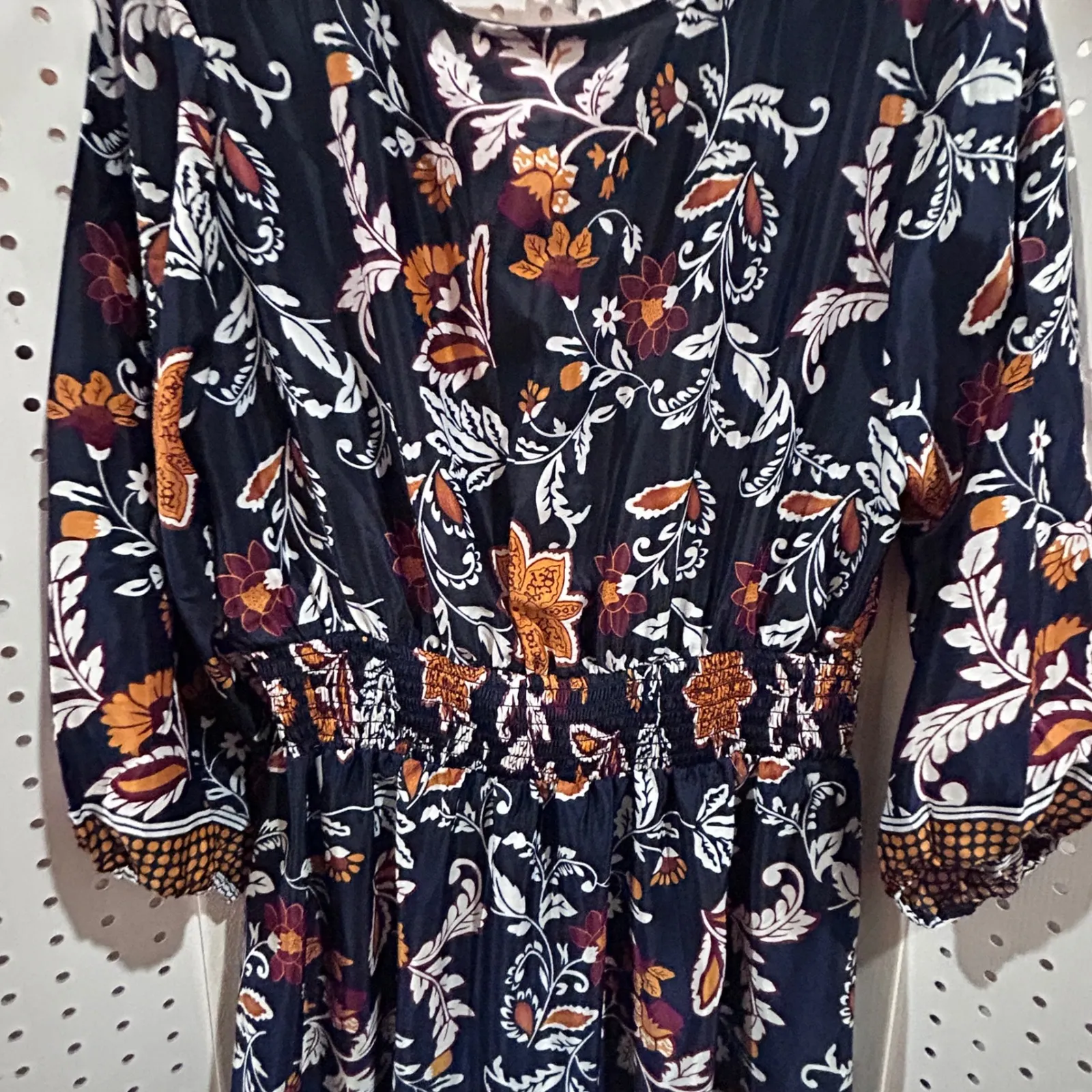 Lapogee Boho Floral Maxi Dress Navy Orange Tassel V Neck Smocked Waist L Black Size L - Image 8