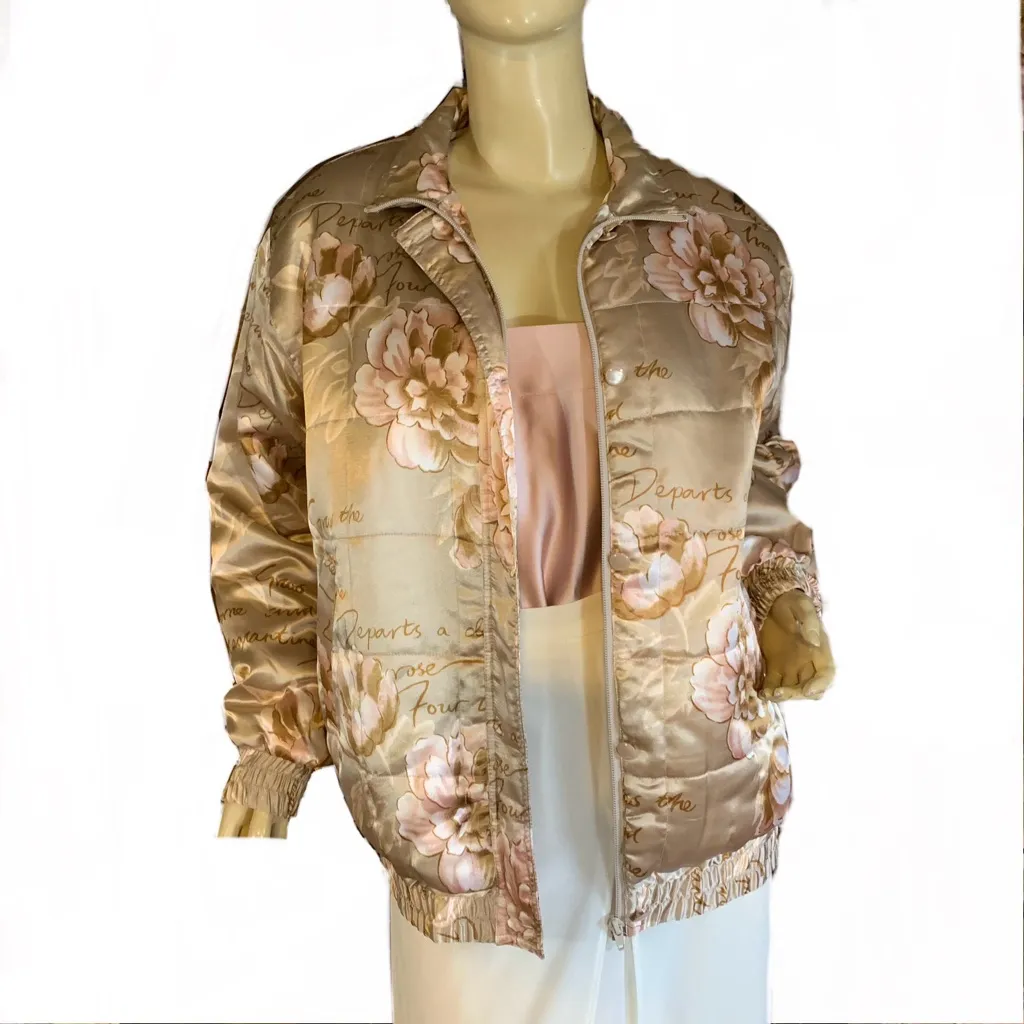 VINTAGE OLEG CASSINI FLORAL PRINT CREAM A PINK BLUSH SATIN BOMBER JACKET (M) - Image 6