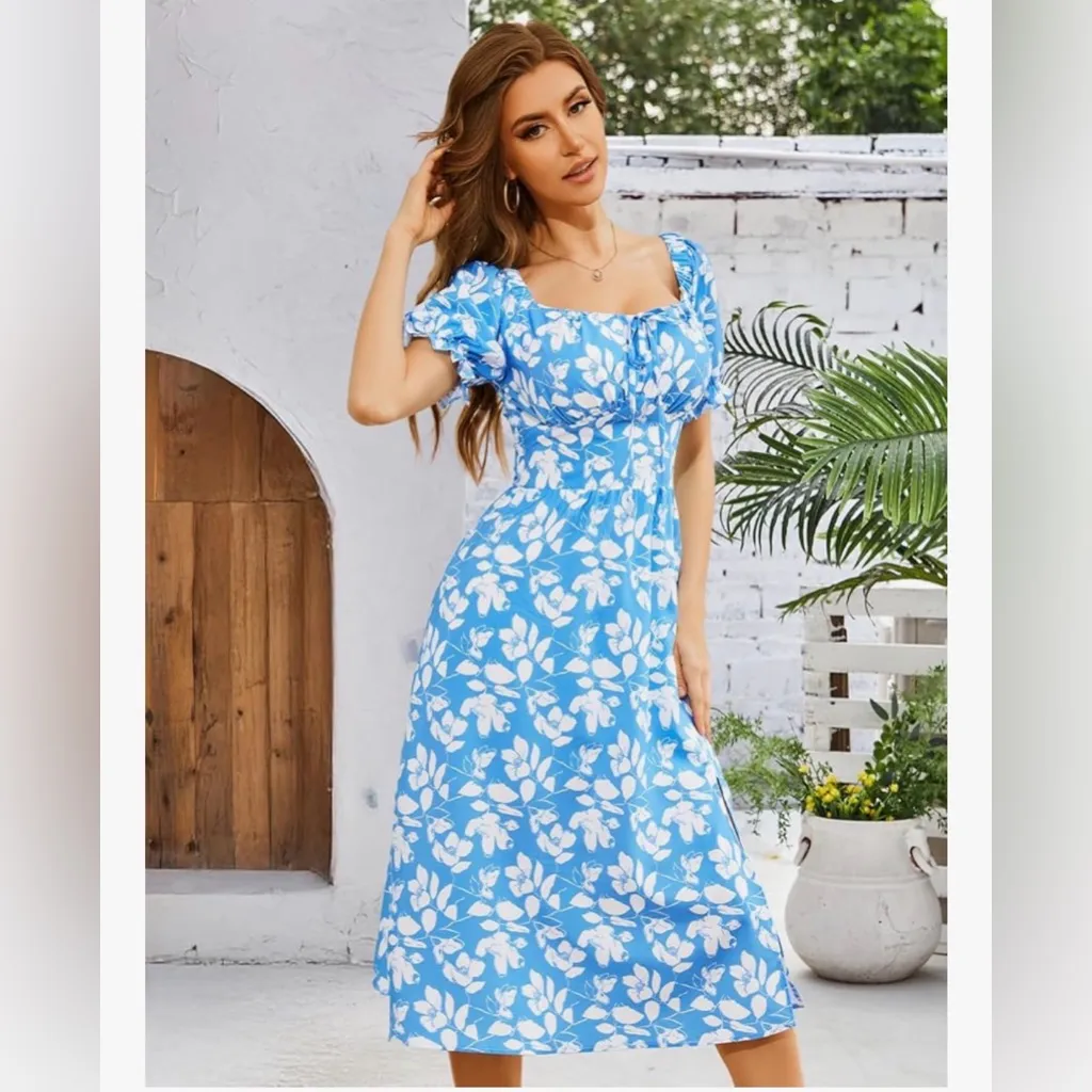 NEW Blue Floral Beach Romantic Short Sleeves A Line Boho Midi Dress S - Image 2