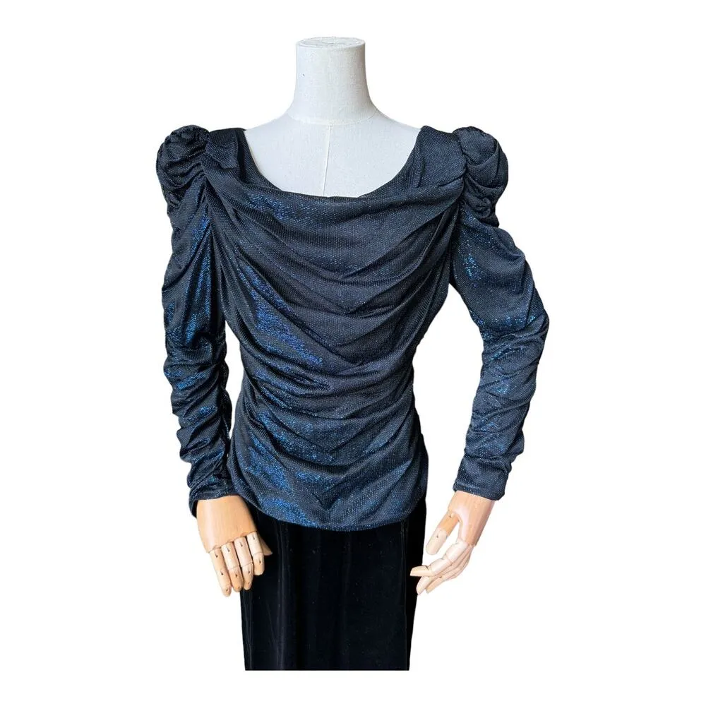 American Vintage Samir 70’s blue metallic Lurex & black velvet dress size medium - Image 10