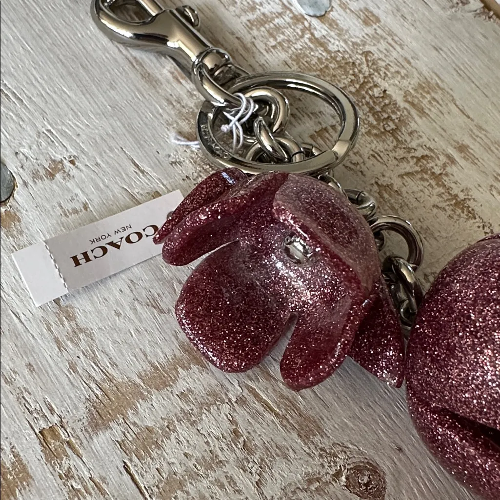 COACH GLITTER RESIN TEA ROSE BAG CHARM SILVER/STRAWBERRY NWT - Image 4