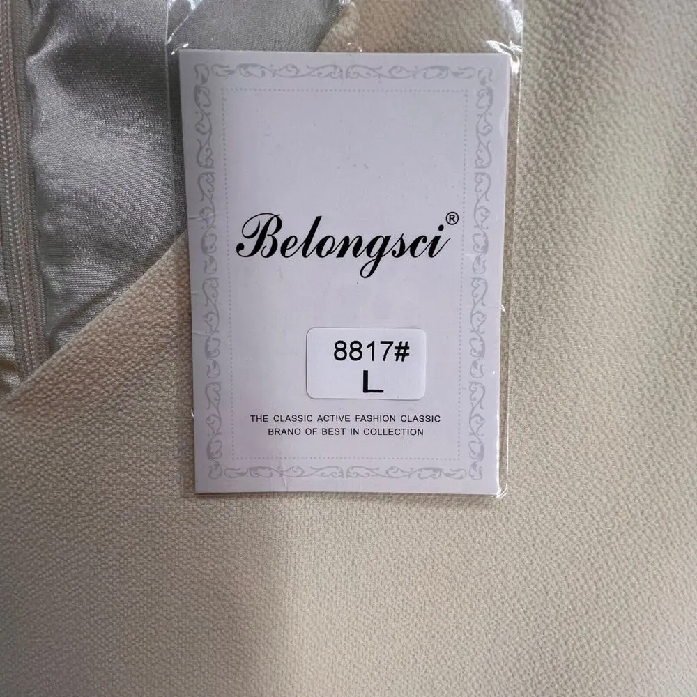 Belongsci Dress Womens L Ivory Chiffon Mini Shift V Neck Bell Sleeve Classic NEW Size L - Image 11