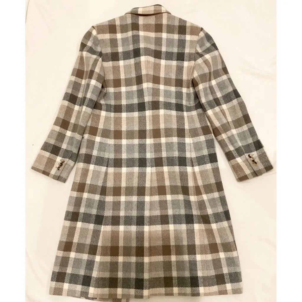 Loro Piana herringbone wool brown grey plaid check women long coat IT42 bust37 - Image 2