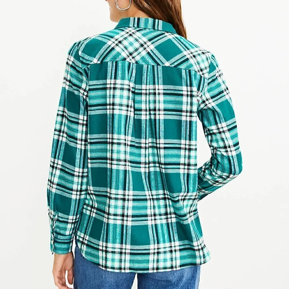 ANN TAYLOR LOFT Plaid Flannel Everyday Shirt Dark Green White Black Button Down - Image 3