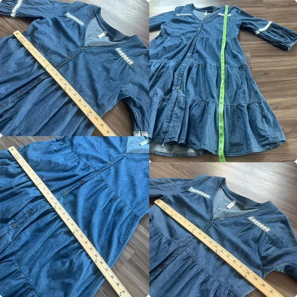 Lapis Anthropologie Denim Shirt Dress Women Large Retro 80s 3/4 Sleeve Mini Lace - Image 10