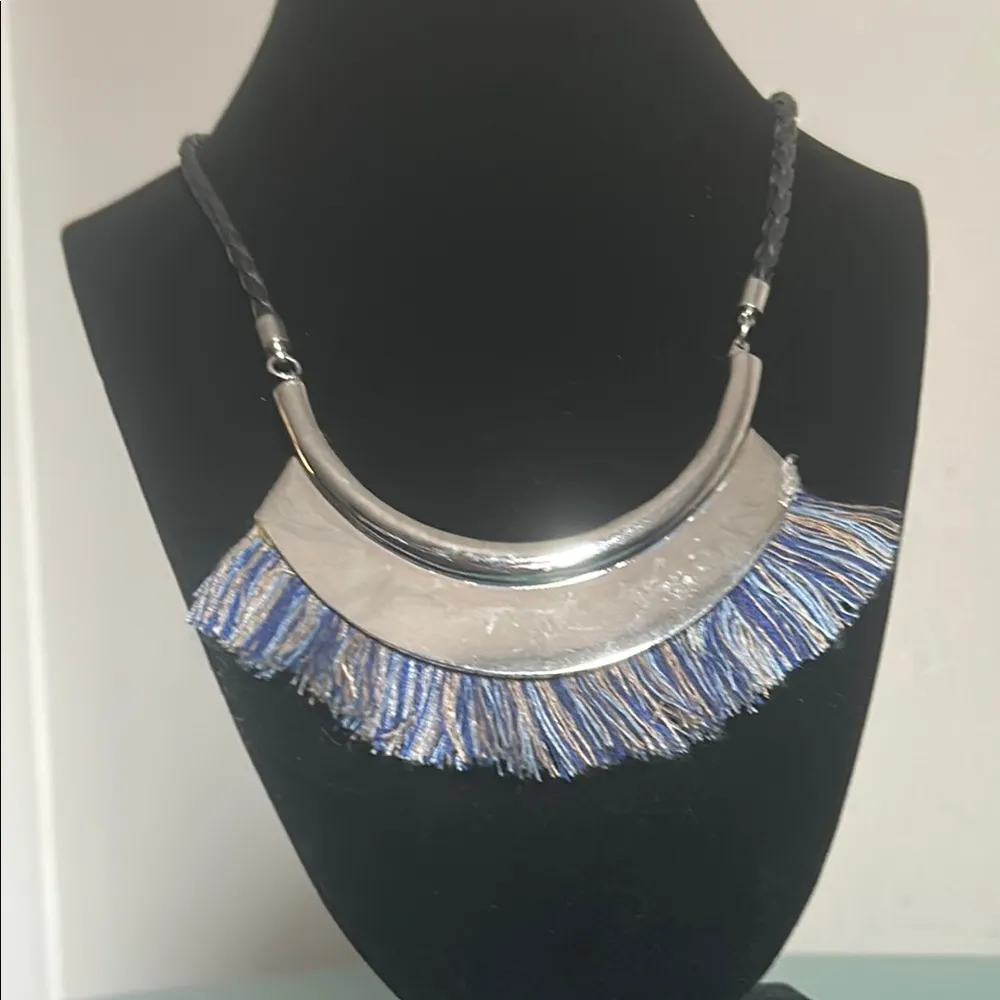 2 Boho Inspired Silver Tone Blue Fringe Geometric Cord Choker Collar Necklaces - Image 9