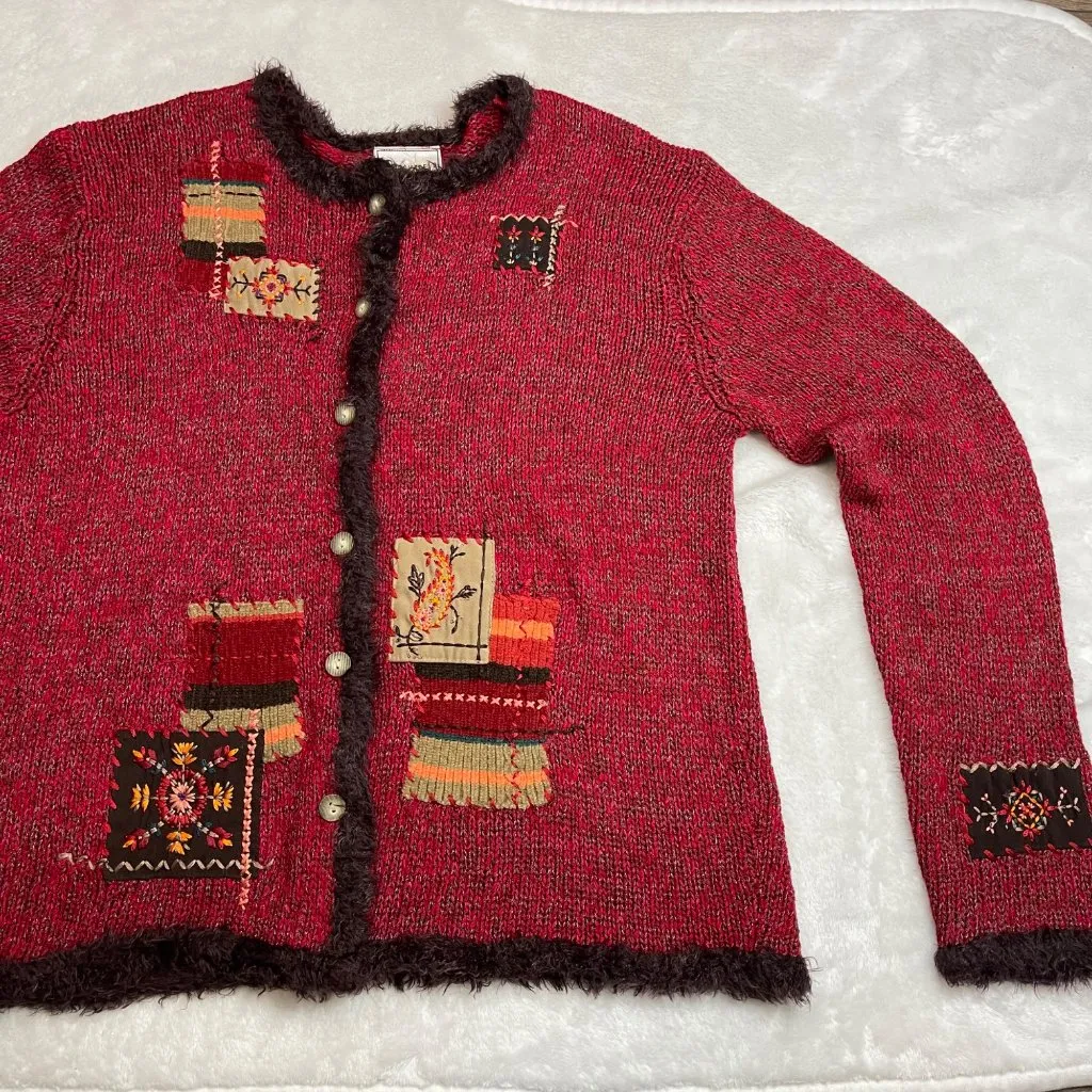 Vintage Napa Valley Petites Cardigan Sweater Women's Medium Faux Fur Patchwork Red Size undefined - Image 5