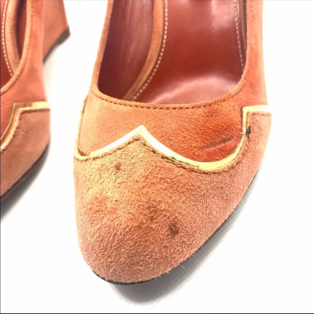 SERGIO ROSSI ORANGE SUEDE WITH GOLD ACCENTS WEDGE HEEL SHOES  (36.5) - Image 11