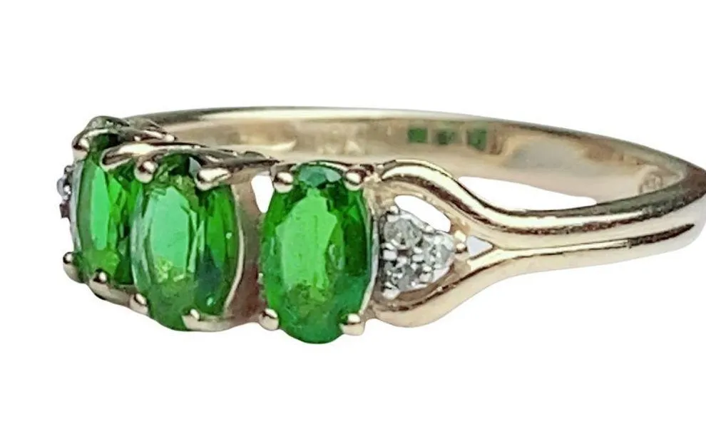 10k Solid Yellow Gold Three Stone Green Chrome Diopside Oval Diamond Ring Sz 6 - Image 3