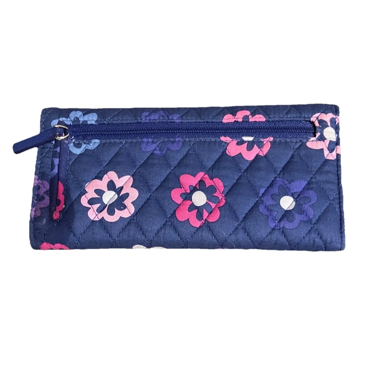 Vera Bradley Retired Floral Quilted Cotton Trifold Wallet Navy Purple Lining EUC - Image 2