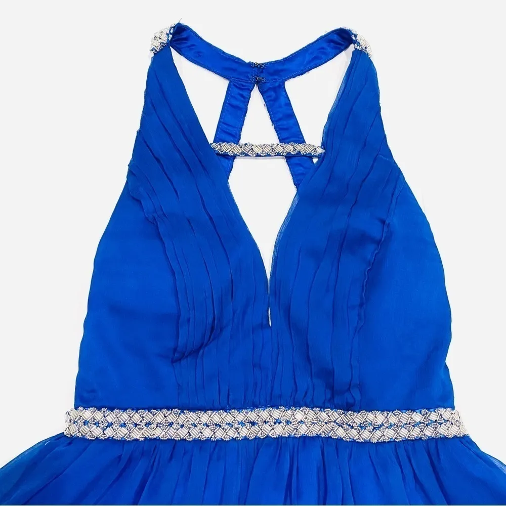Minuet Royal Blue Cocktail Evening Halter Dress with Beaded Straps & Open Back - Image 3