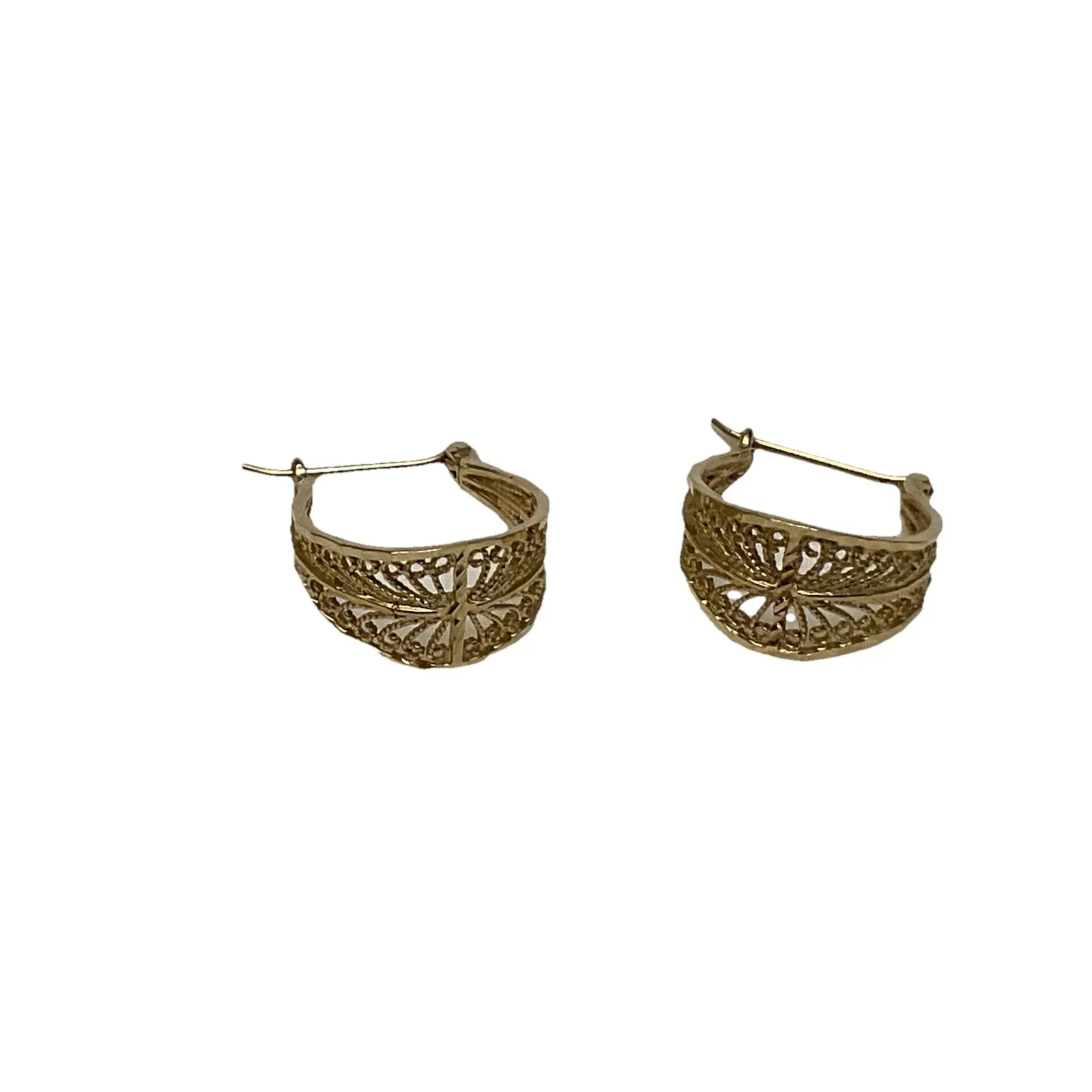 Vintage Solid 14k Yellow Gold Handmade Open Filigree Hoop Earrings - Image 3