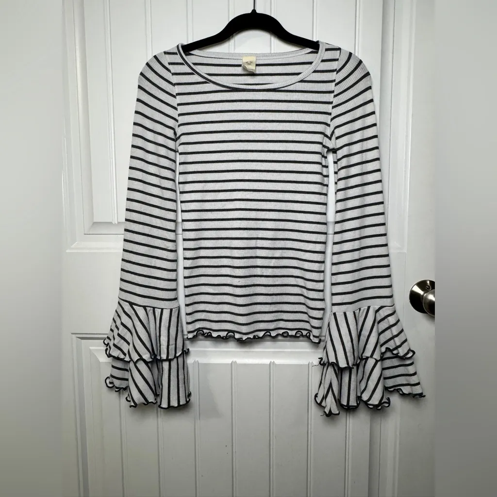 We The Free Good Find Ruffle Bell Sleeve Charcoal and Light Gray Stripes - Image 2