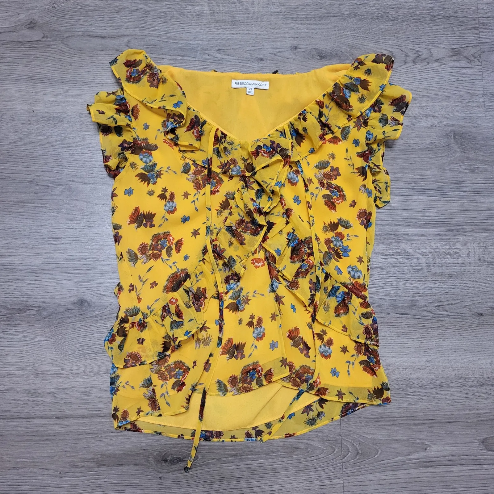 Rebecca Minkoff Yellow Floral Ruffle Tie Blouse Top Bold Bohemian Indie Fairy XS - Image 3