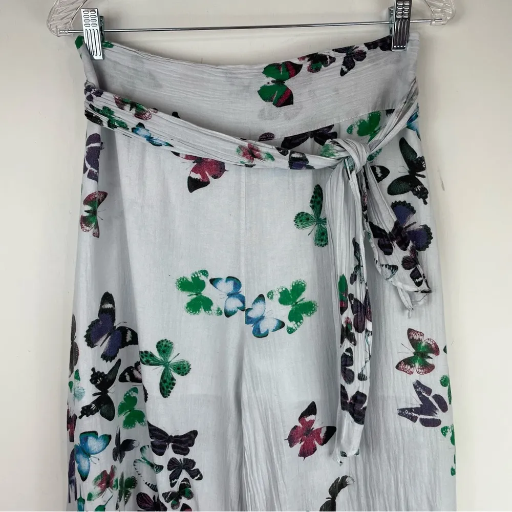 Y2K Gauzey Flowy Butterfly Wide Leg Crop Pants Sz S/M High Rise Tie Front Blue Size M - Image 3