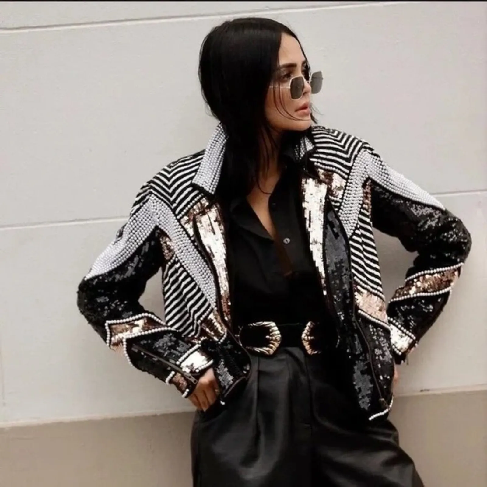 NWT SETA Women M Black Fully Beaded Sequin Moto Jacket Biker Glam Party Coat Size M - Image 2