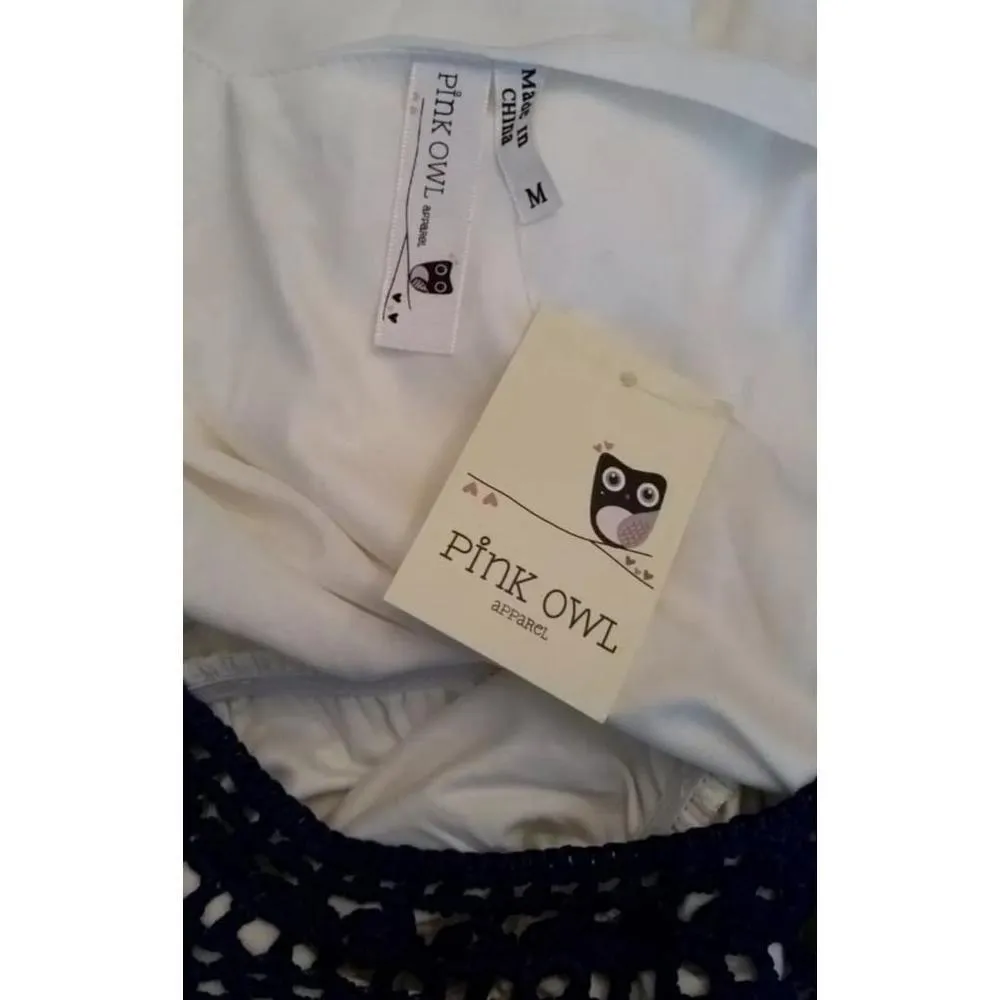 Modcloth Pink Owl White with Blue Fringe & Crochet Trim Halter Maxi Dress Boho - Image 7