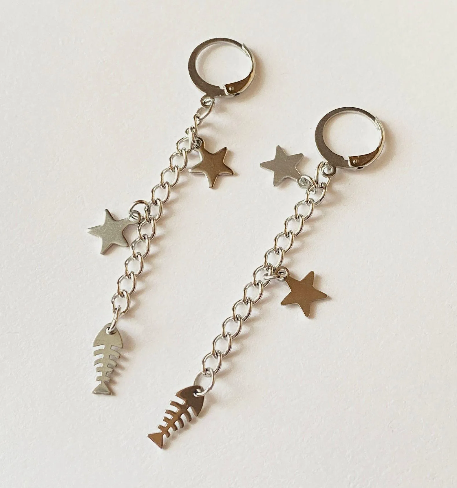 fish bone & star fully stainless steel unique funky dangle earrings🌀🐟💙⭐️ - Image 5