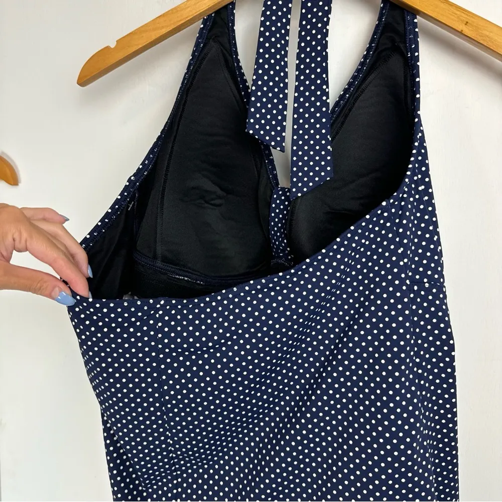 Land’s End Womens Tankini Halter Swim Top Sz 18D Polka Dot Print Navy Blue White - Image 12