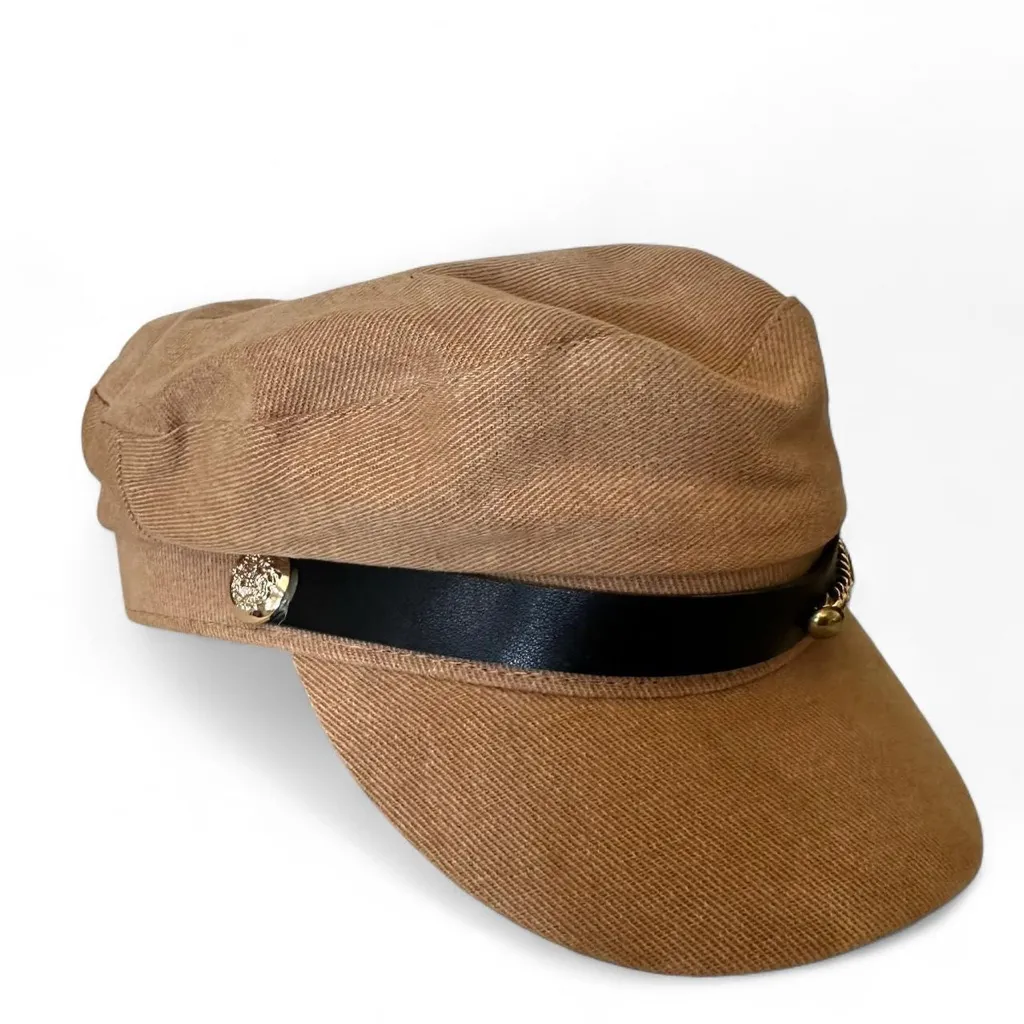 Camel Paige Boy Baker Boy Fiddler Cap with Gold Chain Trim – Black Band Detail Tan - Image 3