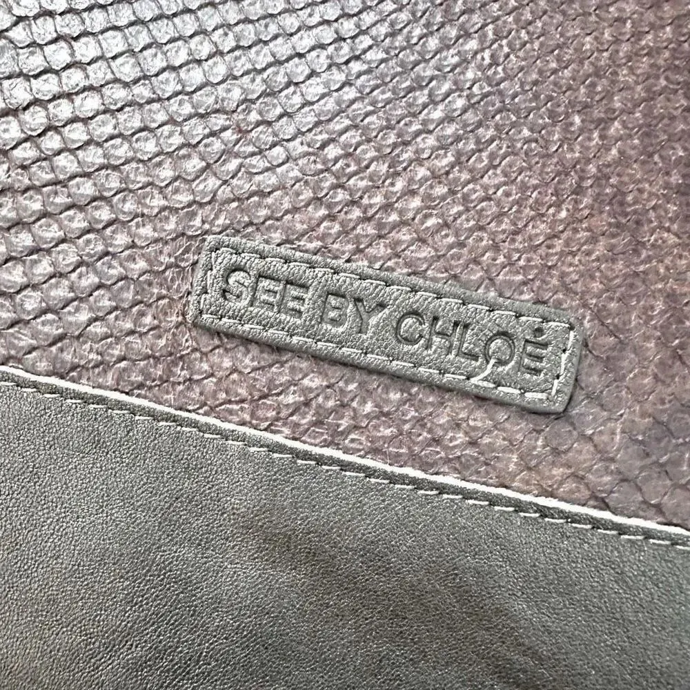 CHLOÉ CHLOE | Snake Embossed Leather Tote Crossbody Gray Gunmetal Metallic Bag - Image 3