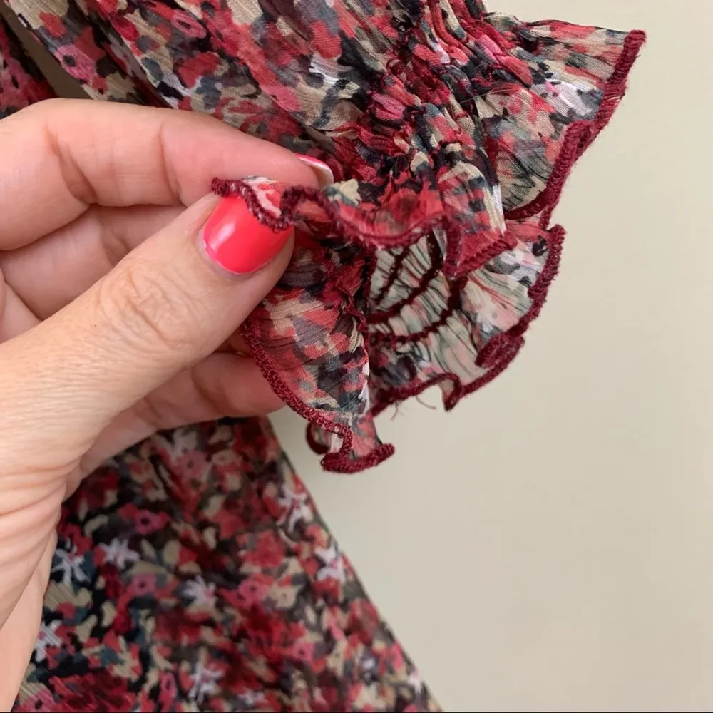 Zara Floral V-Neck Ruffle Chiffon Mini Maroon/Black Long Sleeve Babydoll Dress - Image 4