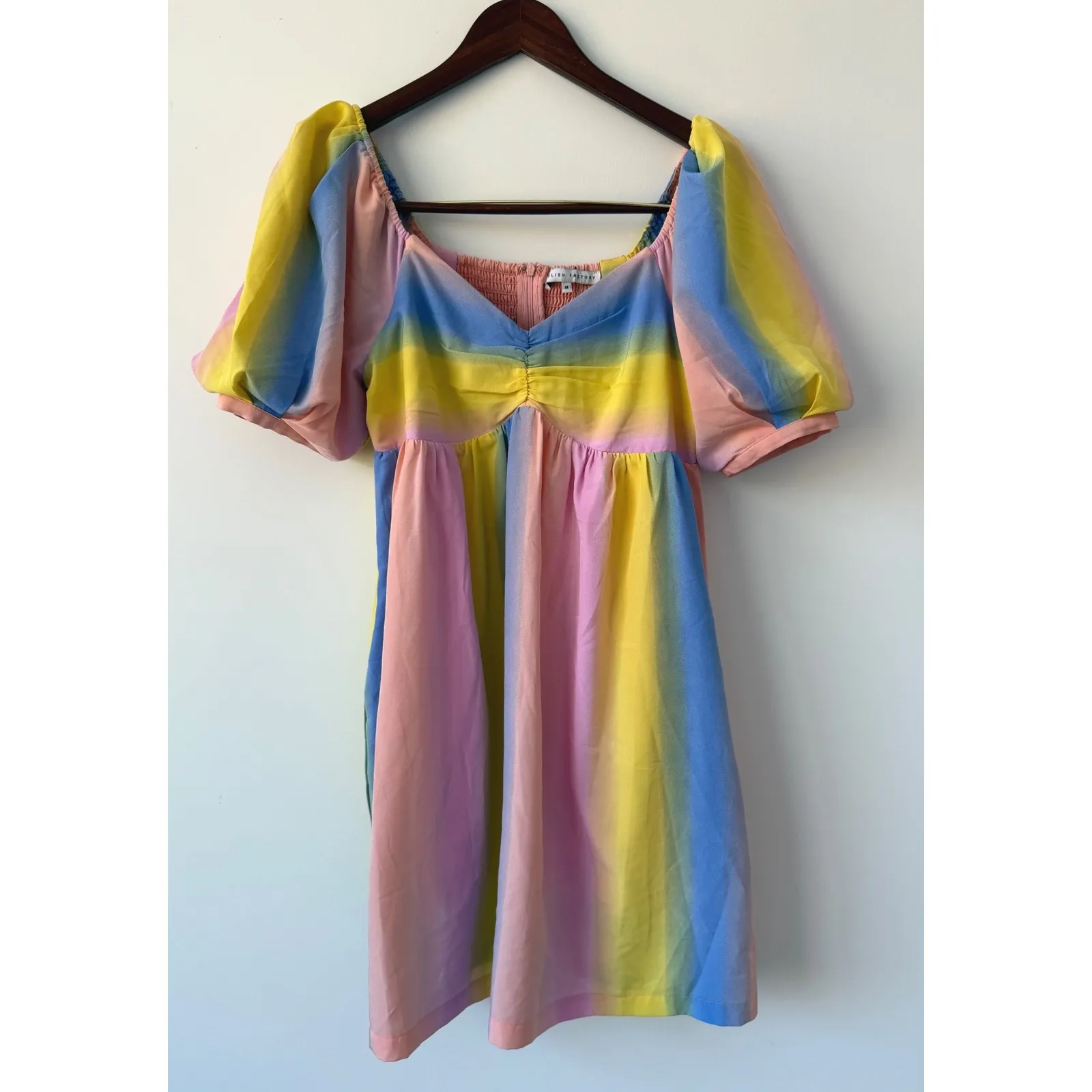 English Factory‎ Women's Rainbow Striped Puff Sleeve Babydoll Dress Size Medium - Image 3