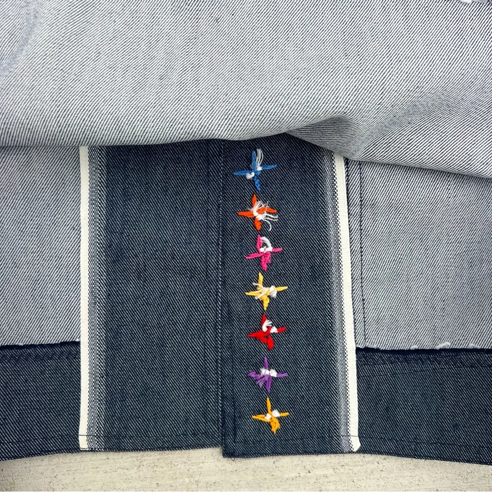 60s Handmade Embroidered Daisy Chain Mushy Mod MCM Selvedge Denim Shirt Jacket Blue Size M - Image 3