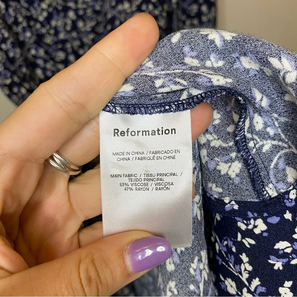 REFORMATION Mochi Floral Long Sleeve Sweetheart Mini Dress Blue/White Sz 4 Small - Image 14