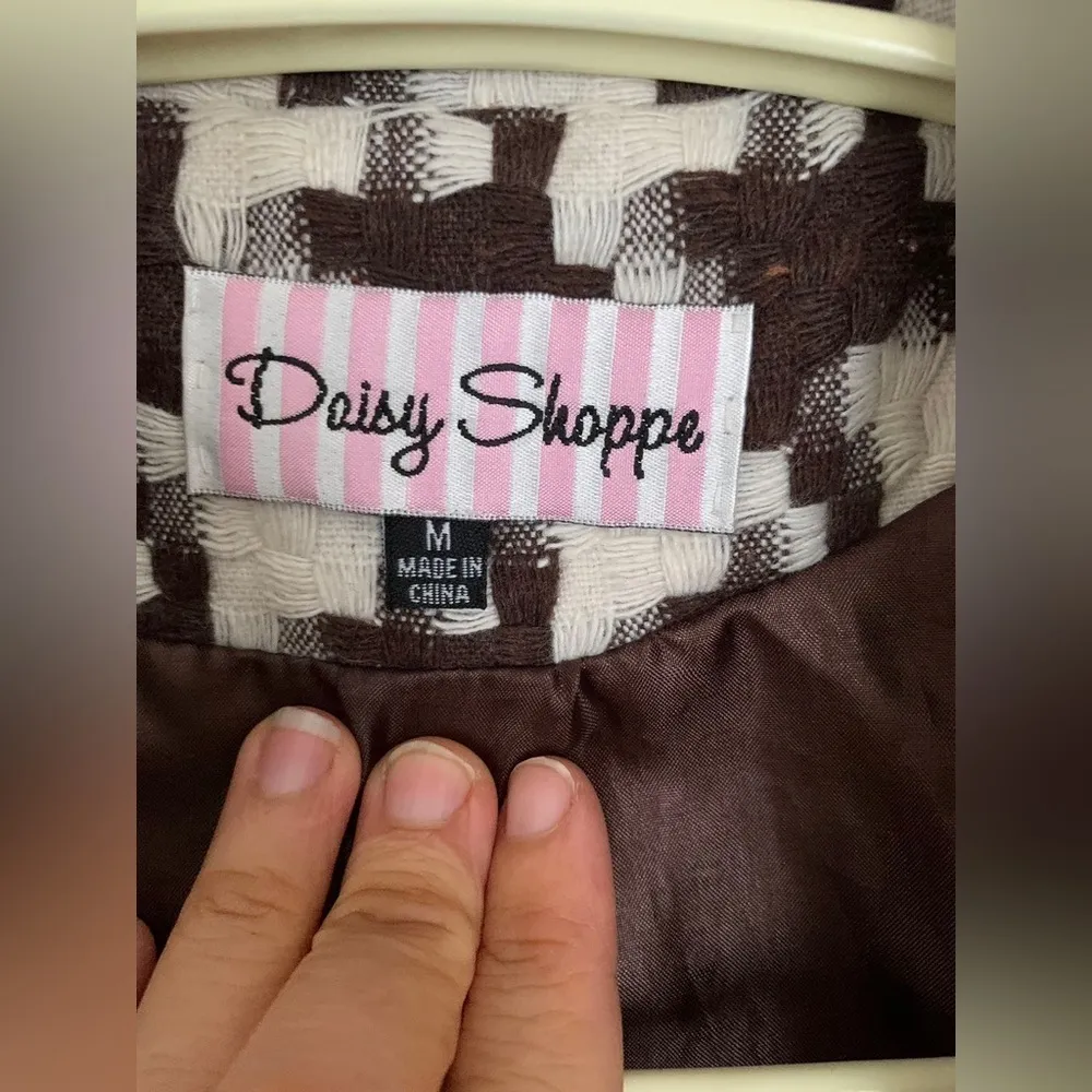 Petal sleeve Babydoll Houndstooth Print Short Wool Coat Size M puff flare Brown Size M - Image 9